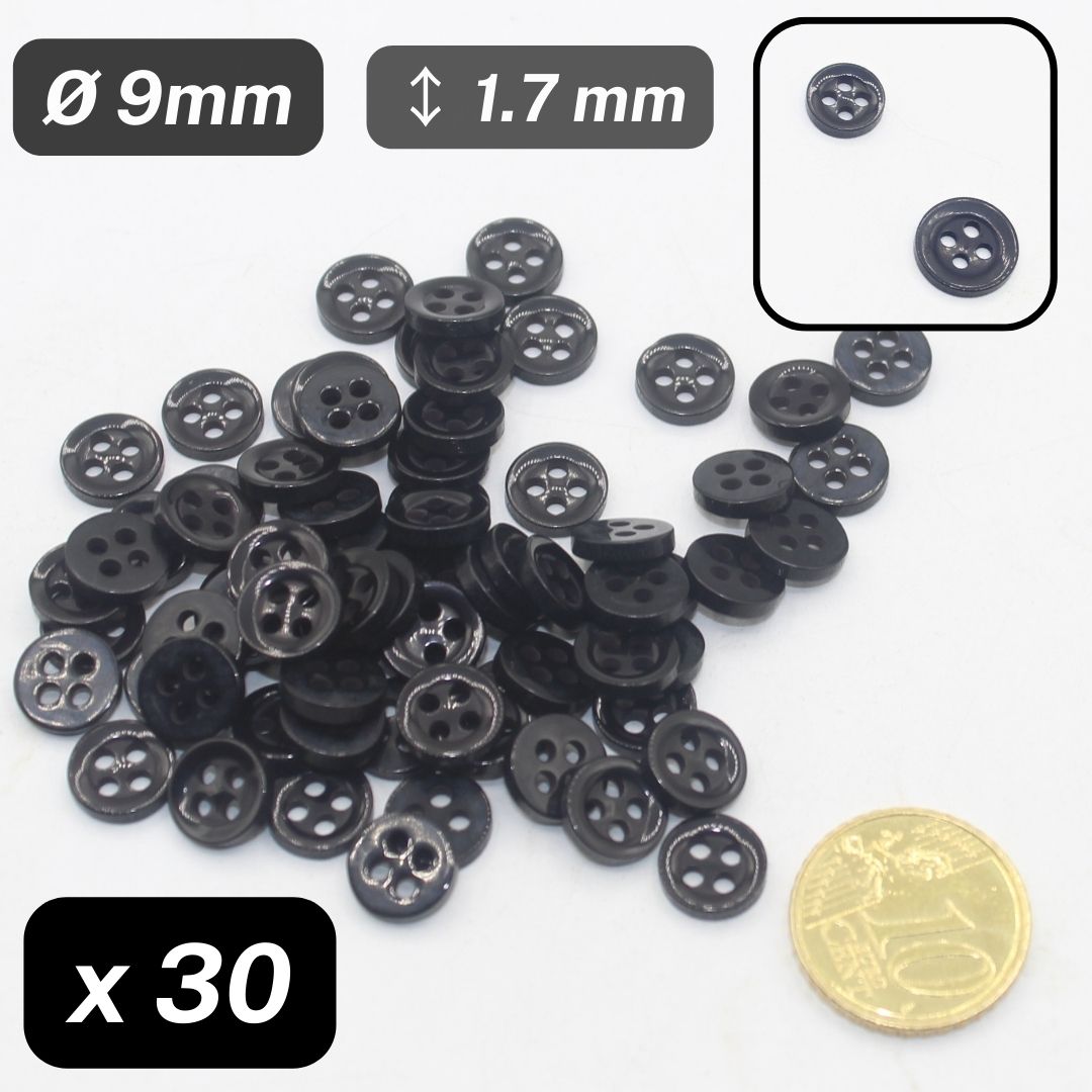 30 Pieces shiny Black Polyester Shirt Buttons 4 Holes Size 9mm #KP4503214