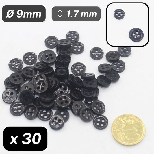 30 Pieces shiny Black Polyester Shirt Buttons 4 Holes Size 9mm #KP4503214 - ACCESSOIRES LEDUC BV