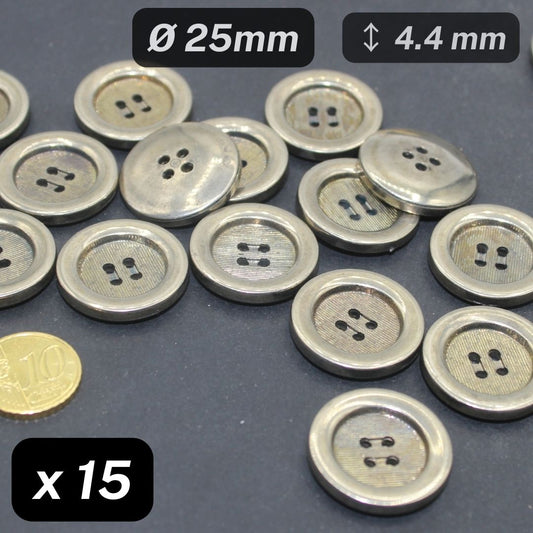 15 Pieces Thick Old Silver Nylon Metalized Buttons 4 Holes Size 25mm #KM4500040 - ACCESSOIRES LEDUC BV