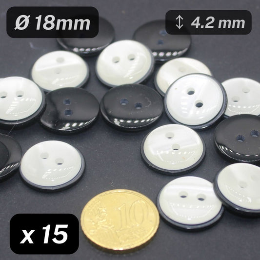 15 Pieces White/Black Polyester Buttons Size 18mm #KP2501736 - ACCESSOIRES LEDUC BV