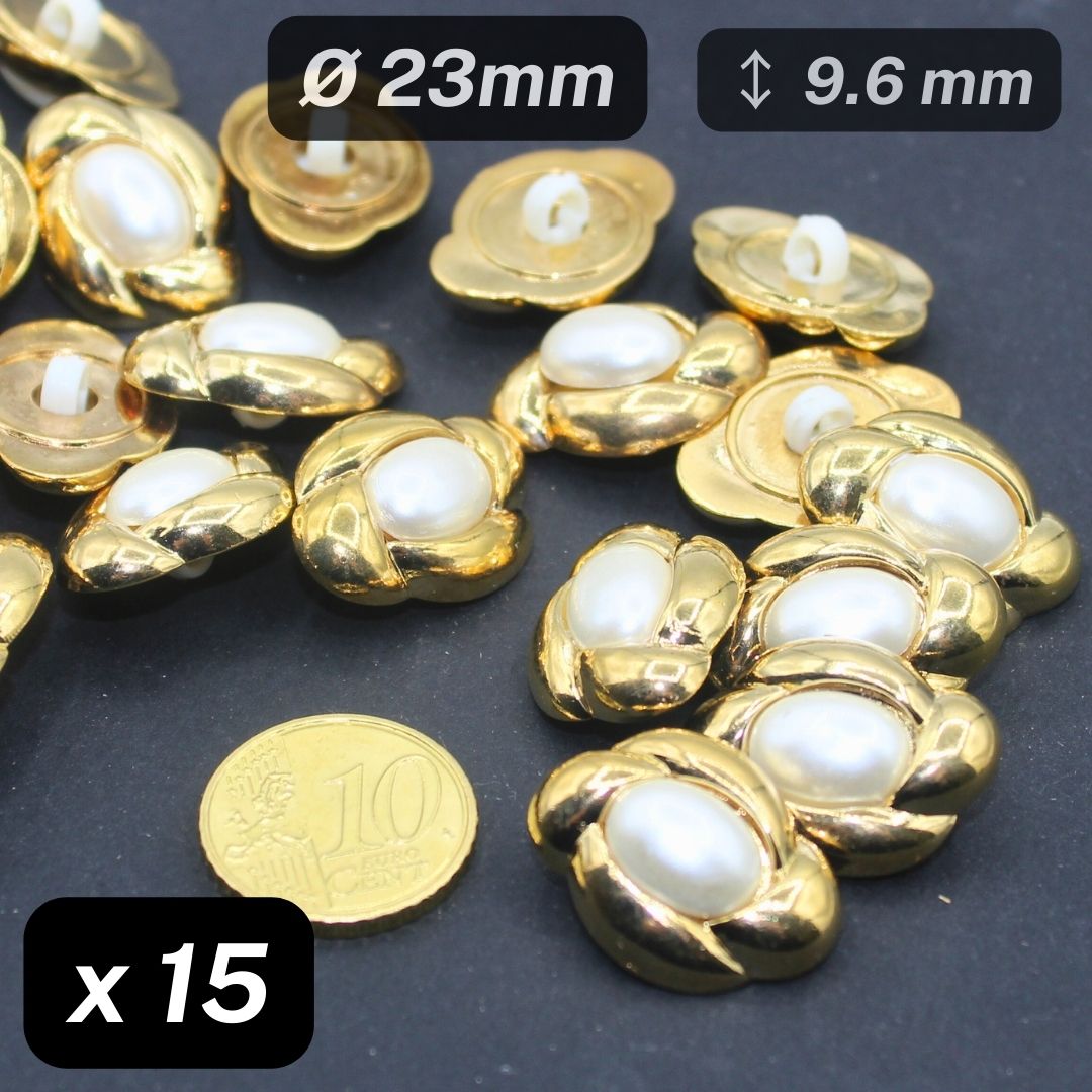 15 Pieces Metallized Nylon Buttons Gold Rim White Size 23mm #KCQ501936