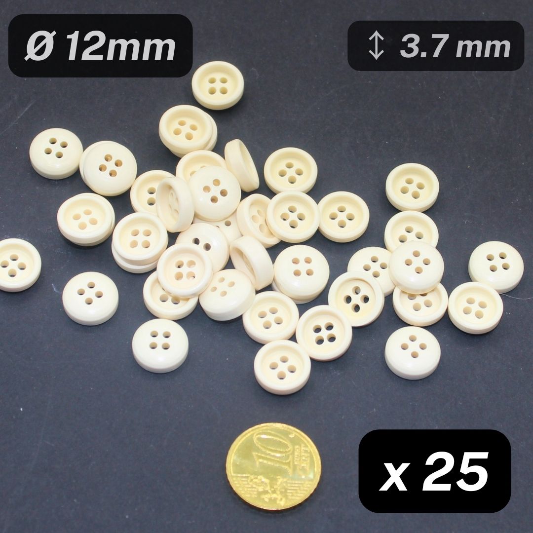 25 Pieces Thick Off White Polyester Buttons 4 Holes Size 12mm #KP4503120