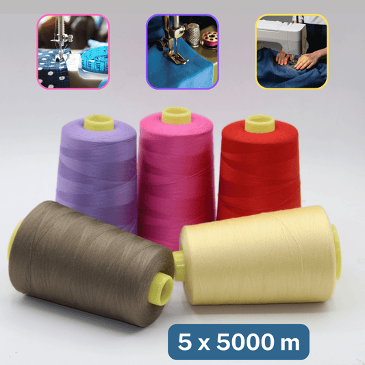 Set of 5 Cones of Overlock Yarn (5000 meters each). Mixed colour. - ACCESSOIRES LEDUC BV
