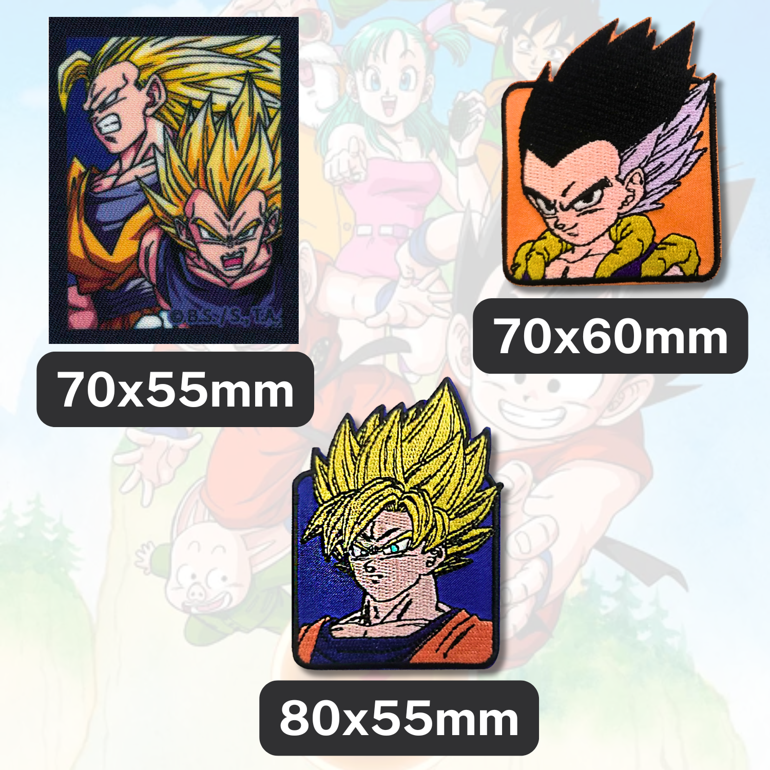 Sets of 3 Patented Iron on Patches - Dragonball, Onepiece, Pjmasks, Peppa Pig, Garfield, Spongebob, Paw Patrol or Naruto