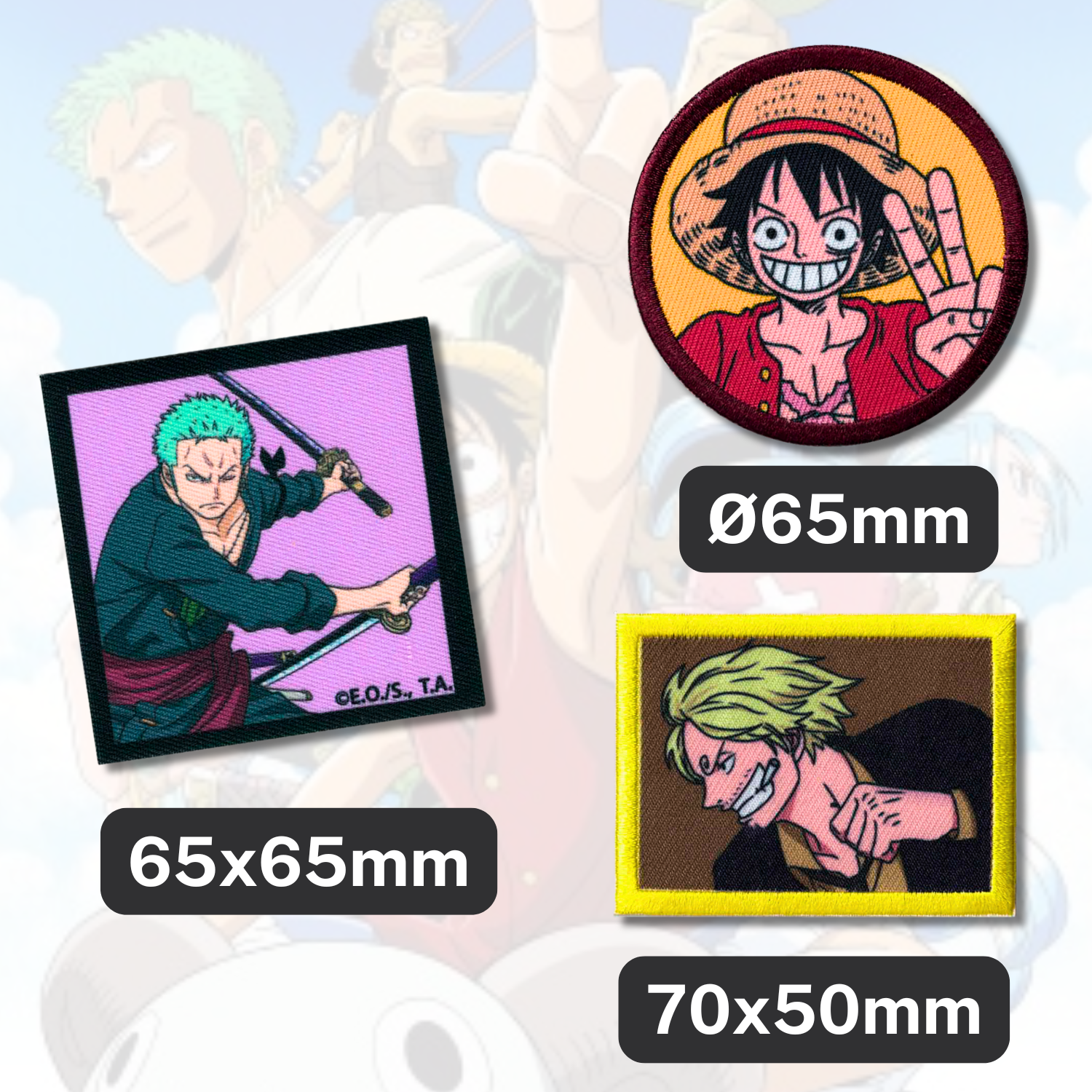 Sets of 3 Patented Iron on Patches - Dragonball, Onepiece, Pjmasks, Peppa Pig, Garfield, Spongebob, Paw Patrol or Naruto