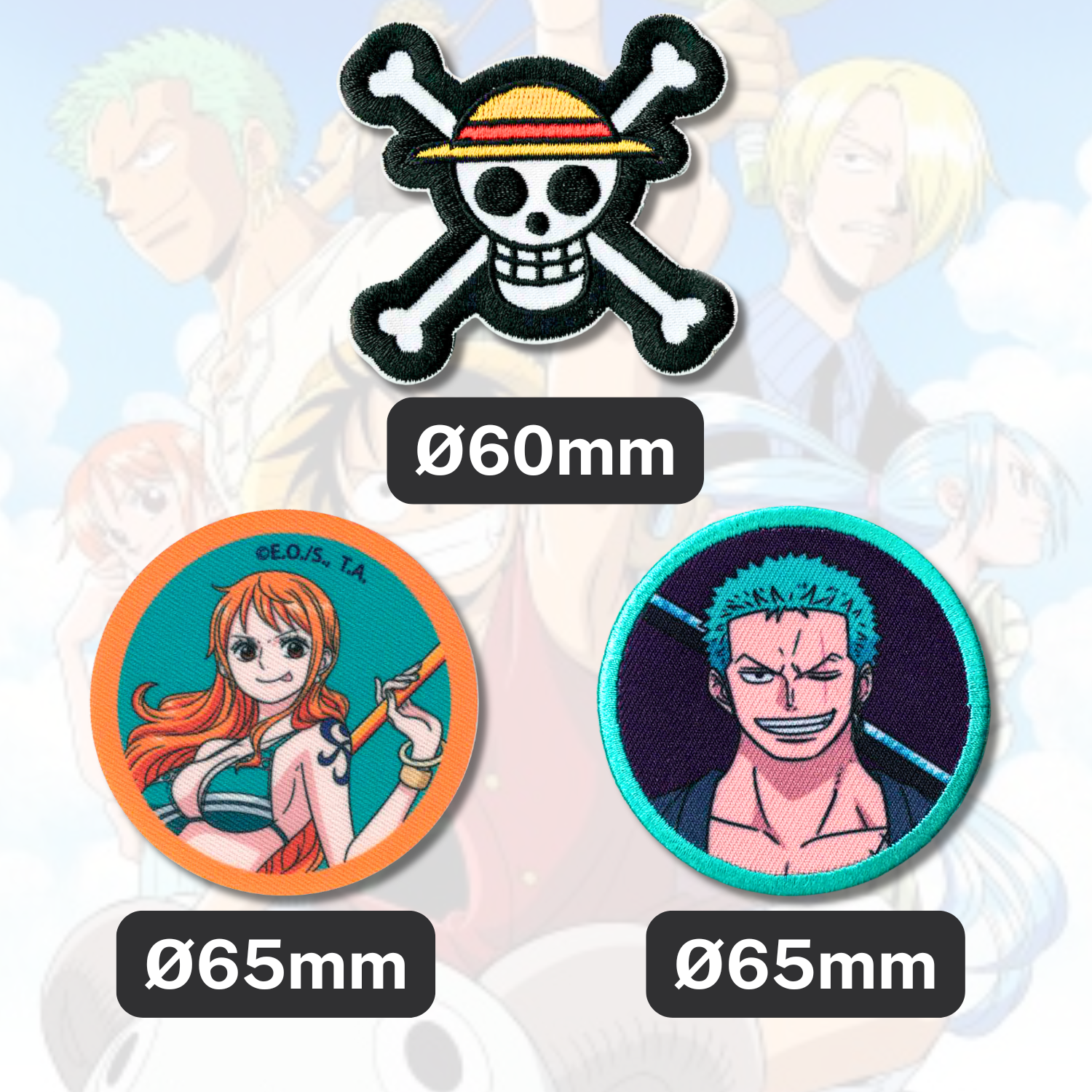 Sets of 3 Patented Iron on Patches - Dragonball, Onepiece, Pjmasks, Peppa Pig, Garfield, Spongebob, Paw Patrol or Naruto