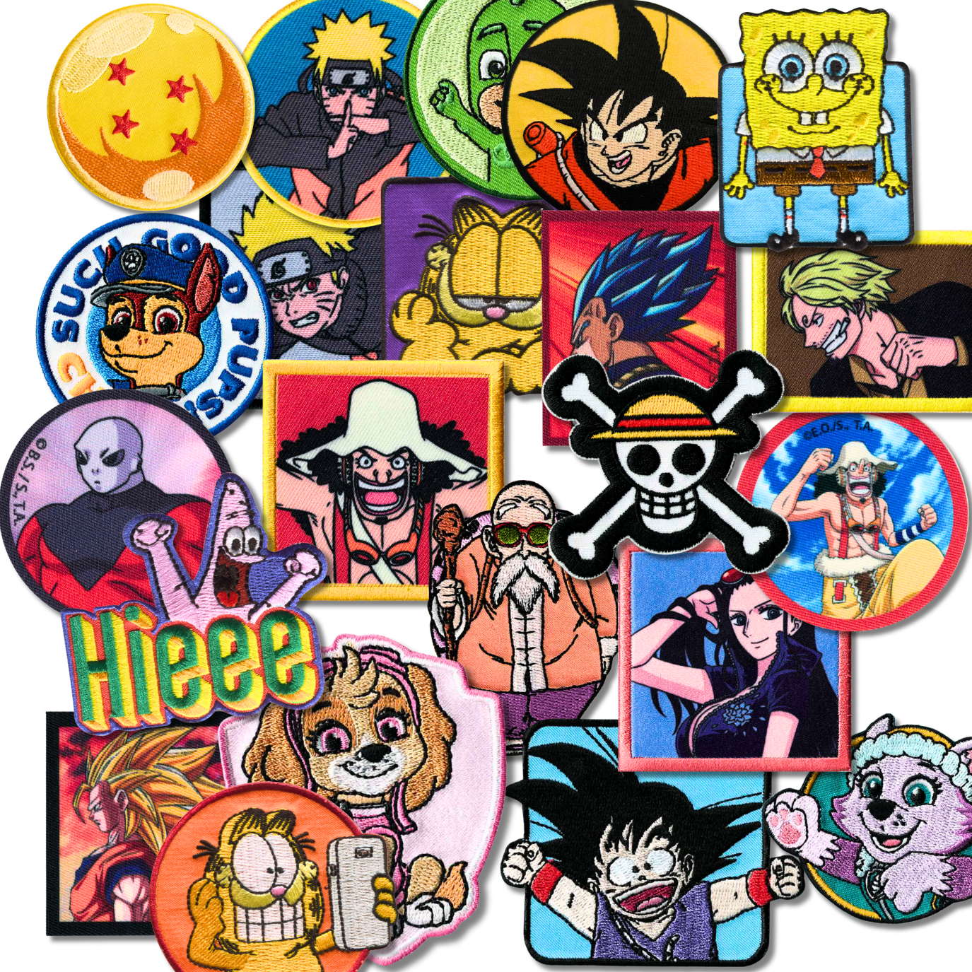 Sets of 3 Patented Iron on Patches - Dragonball, Onepiece, Pjmasks, Peppa Pig, Garfield, Spongebob, Paw Patrol or Naruto