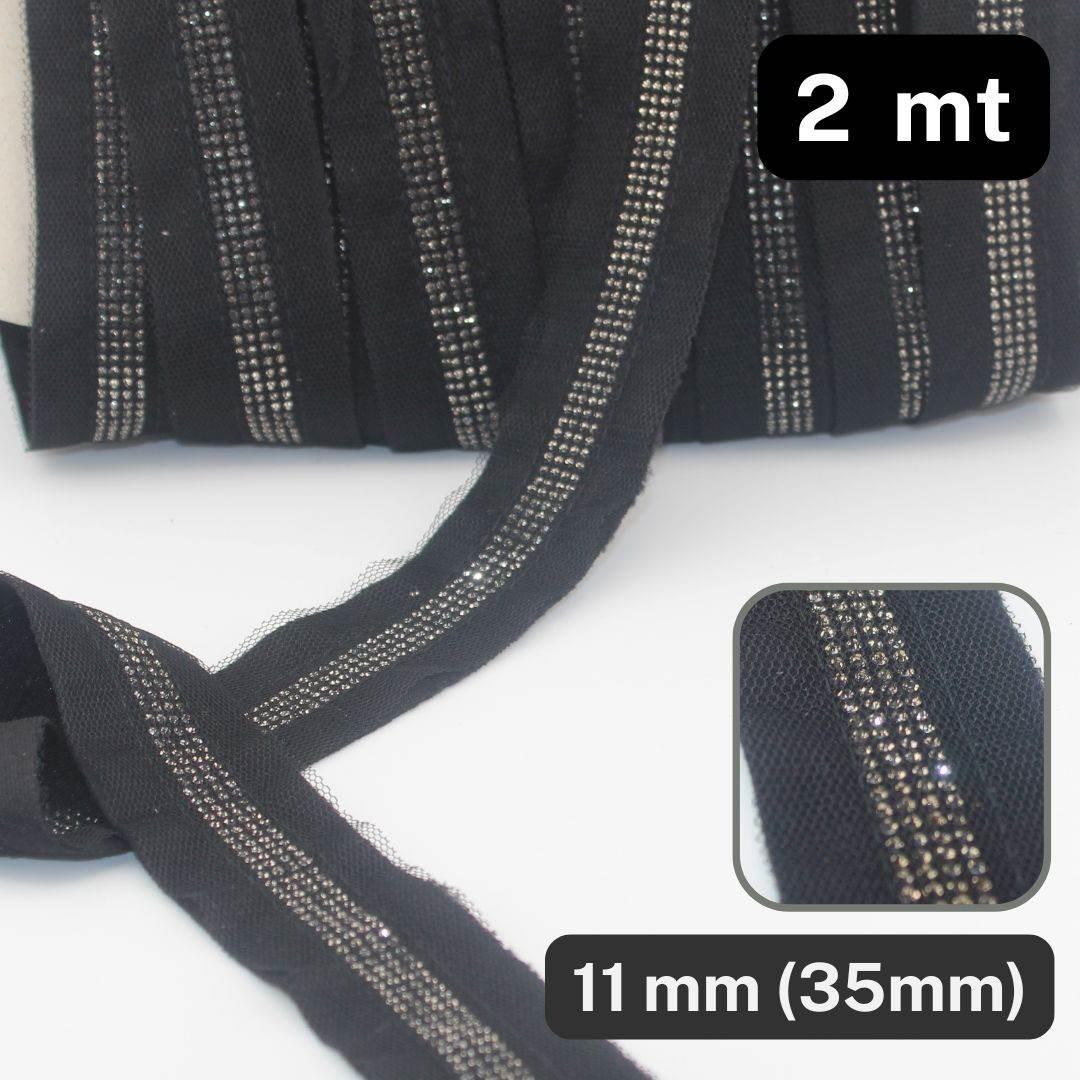 2 meter 35mm Trimming with a central line of strasses (11mm), covered with Tulle , Black or White - ACCESSOIRES LEDUC BV