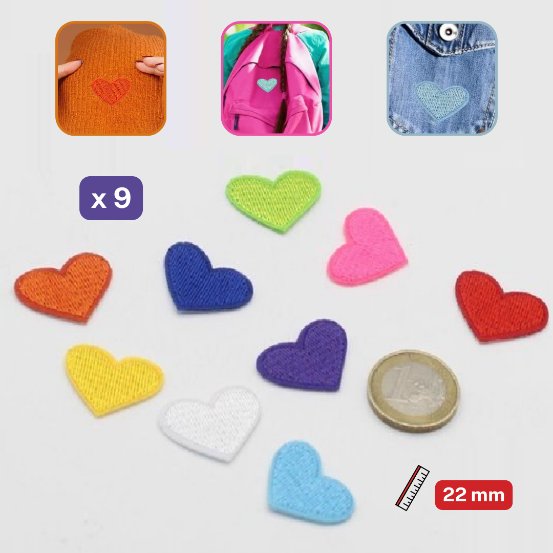 Set of 9 IRON-ON HEART PATCHES/LABELS, Length 22MM, HOTFIX
