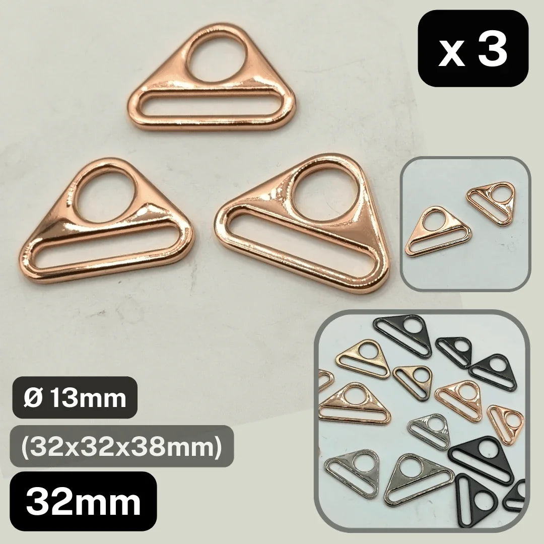 Set of 3 Triangle Buckles with Hole #BMEx060 available in 32mm, 38mm or 50mm in Silver, Pink Gold, Gold, Oldbrass, Gunmetal or Black - ACCESSOIRES LEDUC BV