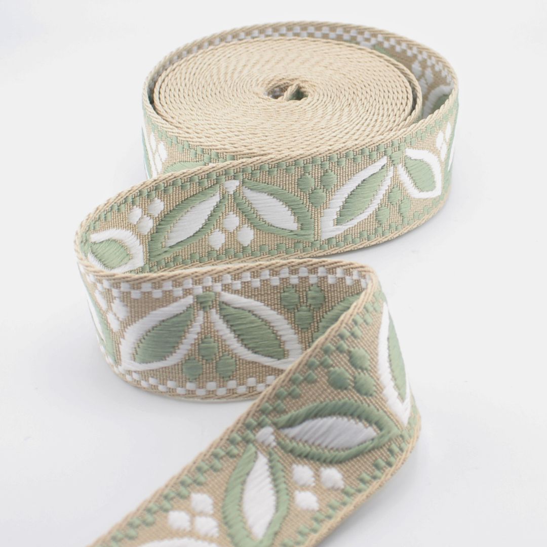 Leaves Design Webbing 38 mm | Decorative Strap Webbing for Bags & Upholstery (RUB3585)