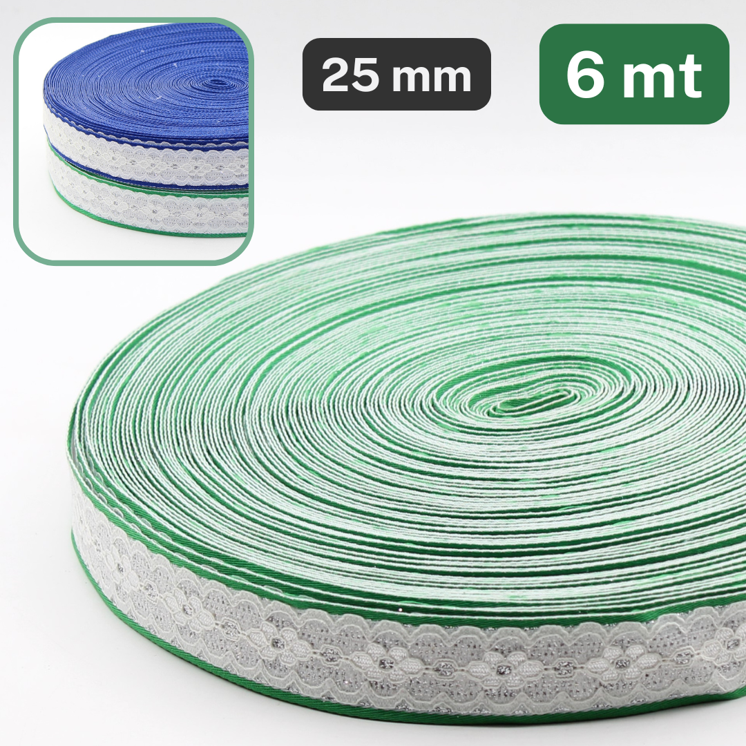 6 Meters White Floral Lace Trimming with Colored Edges (Blue or Green variants)