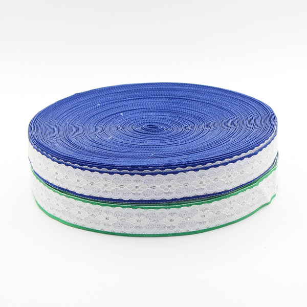 6 Meters White Floral Lace Trimming with Colored Edges (Blue or Green variants) - ACCESSOIRES LEDUC BV