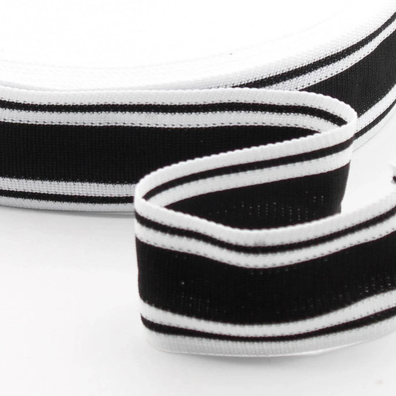 10 meters Striped Knitted Tape 37mm Beige with Black & White Stripes - ACCESSOIRES LEDUC BV