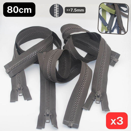 Set of 3, 80cm Long Jacket Zippers, with 7.5mm wide Teeth, Open End