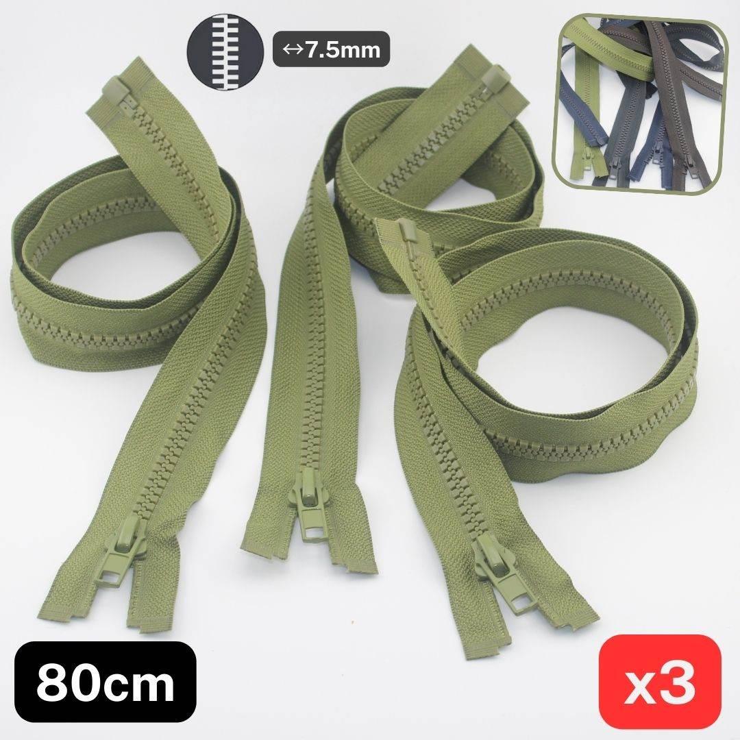Set of 3, 80cm Long Jacket Zippers, with 7.5mm wide Teeth, Open End - ACCESSOIRES LEDUC BV