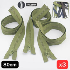 Set of 3, 80cm Long Jacket Zippers, with 7.5mm wide Teeth, Open End