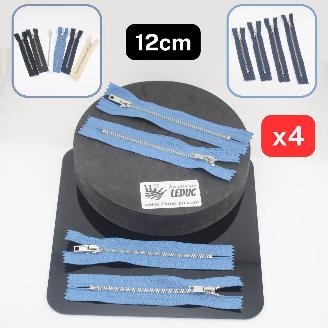 Set of 4 Trouser Metal Zippers - available in 12cm, 14cm, 16cm or 18cm - in Black, White, Blue, Navy, Beige or Brown - ACCESSOIRES LEDUC BV