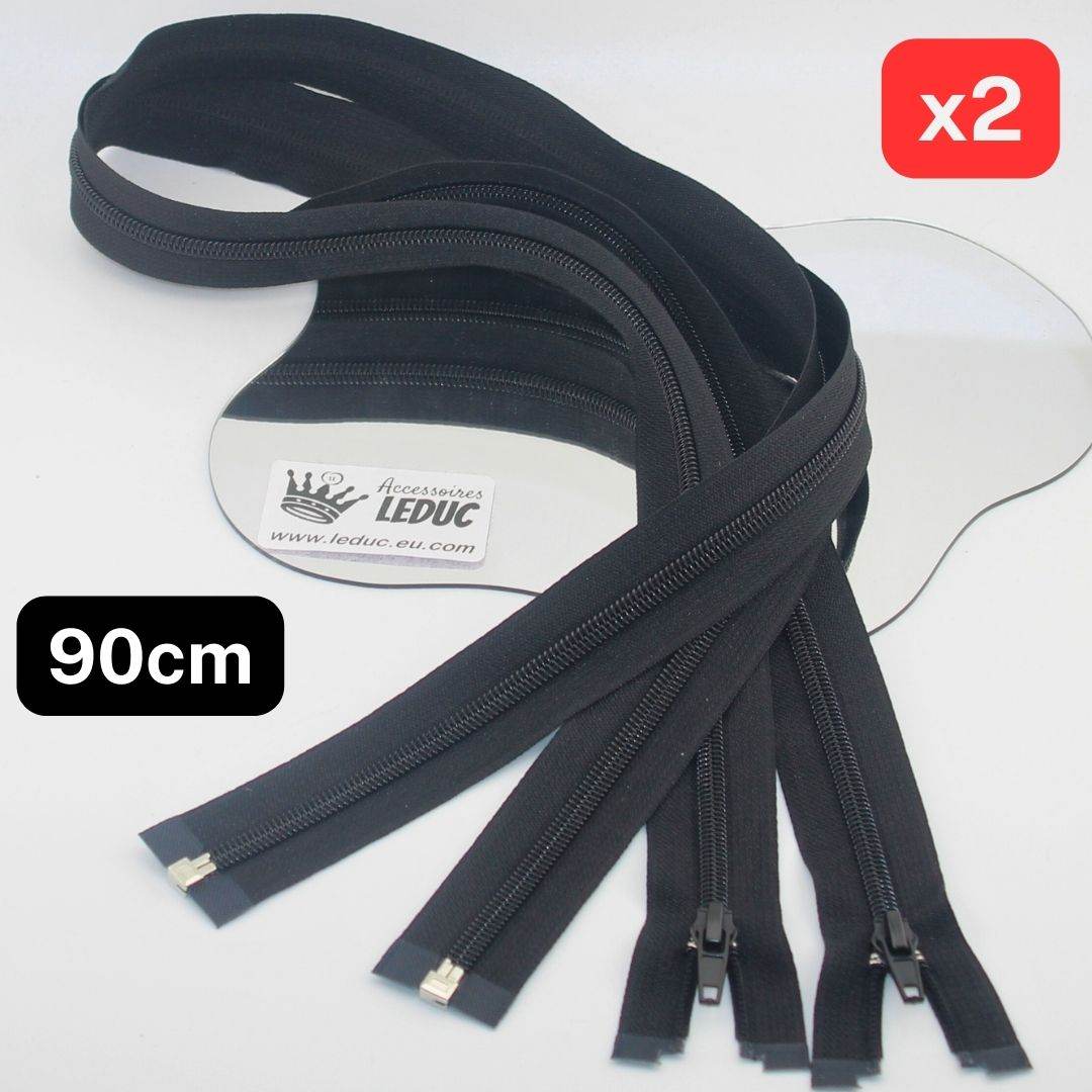 Set of 2, open end, 90cm Jacket Zippers, colour Black