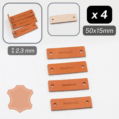 4 Real Leather Labels "Handmade" 50x15mm 2.3mm wide