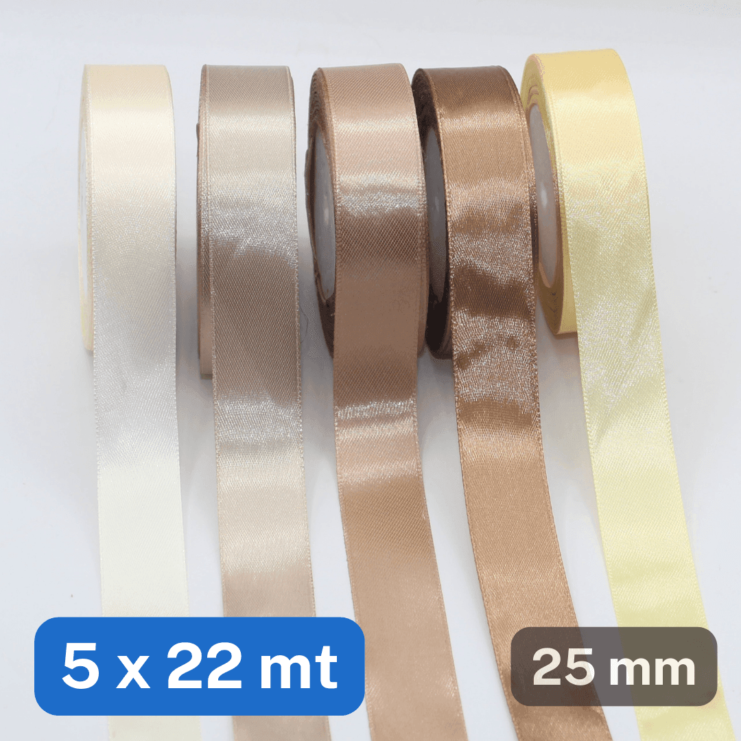 Set of 5x22 meters Single Sided Satin Tapes 6, 12, or 25mm, 5 different colours per set - ACCESSOIRES LEDUC BV