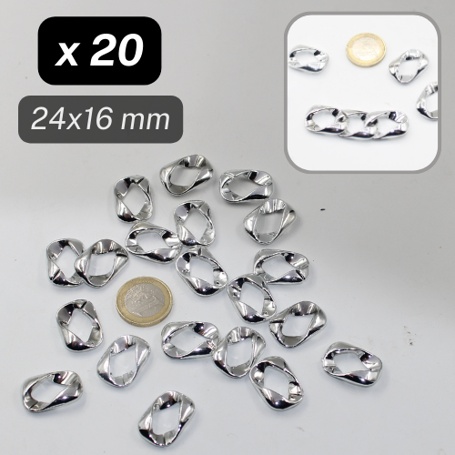 20 clipbare kettingringen van gemetalliseerd plastic, kleur zilver, maat 24x16 mm