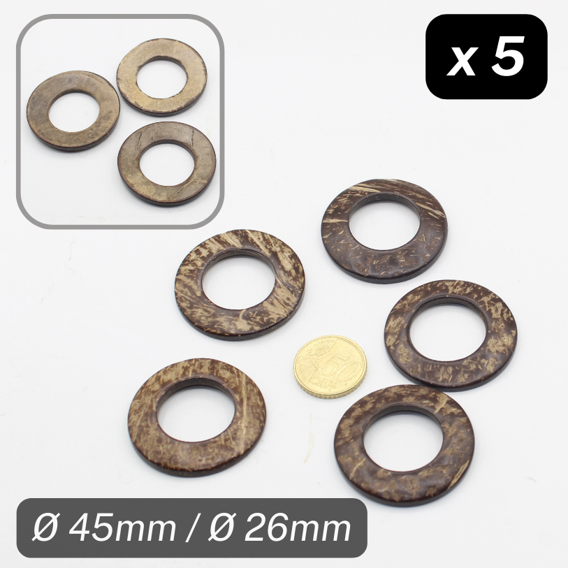 Lot de 5 boucles anneaux en noix de coco, diamètre extérieur 45 mm, diamètre intérieur 26 mm.