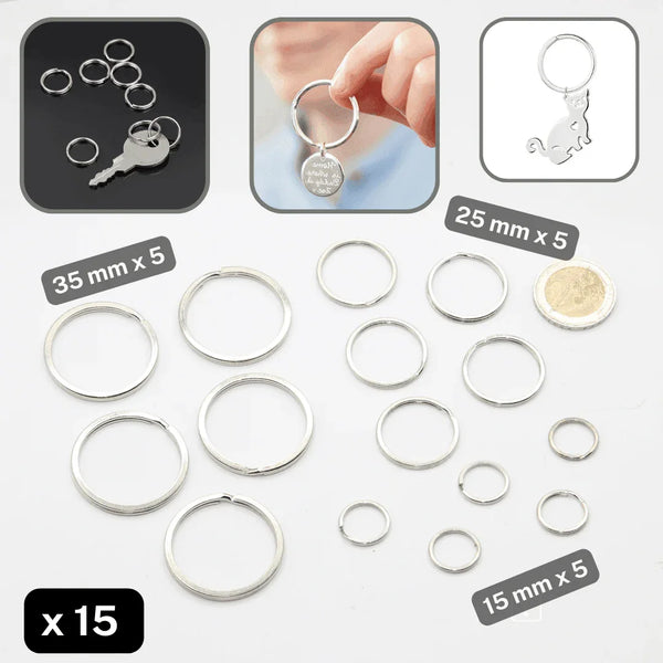 Set of 15 Keyrings in 3 sizes : 15mm 25mm & 35mm - ACCESSOIRES LEDUC BV