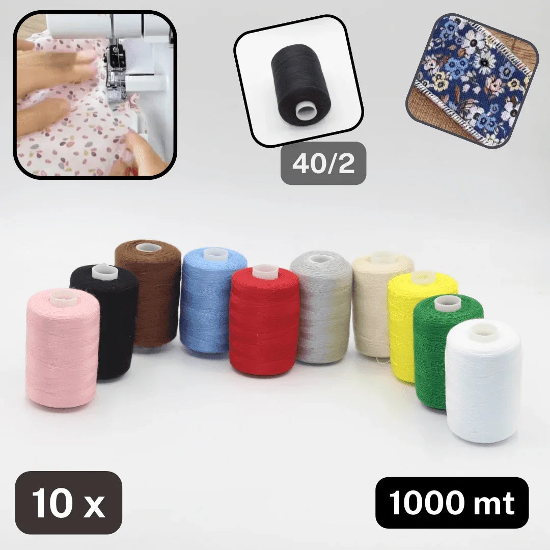 Set of 10 cones of 1000 meters Overlock Yarns, in 10 different coiors (mixed) - ACCESSOIRES LEDUC BV