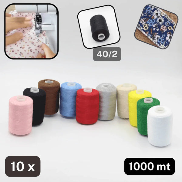 Set of 10 cones of 1000 meters Overlock Yarns, in 10 different coiors (mixed) - ACCESSOIRES LEDUC BV