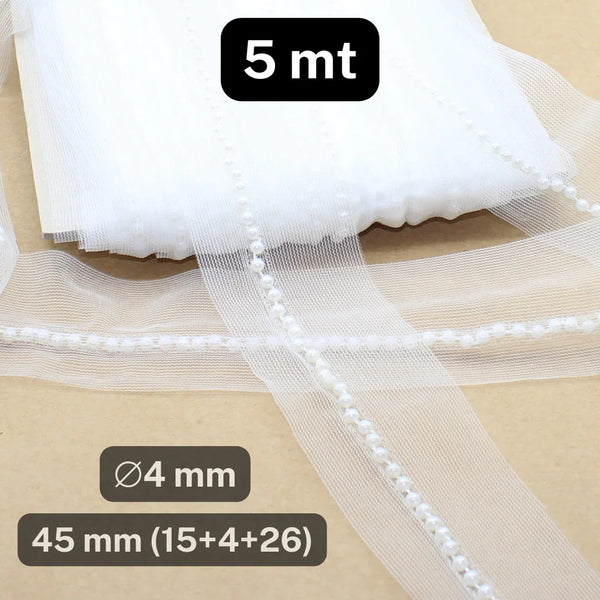 5 meters 45mm Tulle White Lace with a 4mm Diameter White Beads Line - ACCESSOIRES LEDUC BV