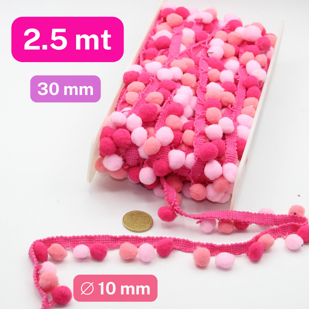 2.5 Meter rosa Pom-Pom-Besatz, Stoff-Nähzubehör, PomPom-Dekoration, Quasten-Ball-Fransenband – ZUBEHÖR LEDUC