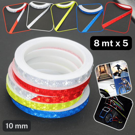 5 Rolls of Highly Self-reflective tapes 10mm , 8 meters each, 5 colours - Self-adhesive - ACCESSOIRES LEDUC BV