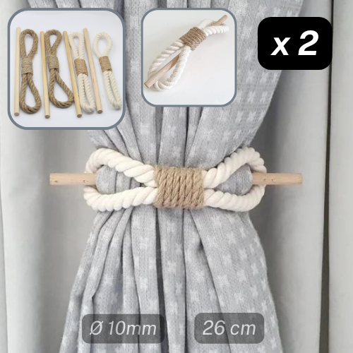 1 pair (2 pieces - suitable for 1 or 2 window(s)) Natural Looking Fancy Tie Back (with Cord Part and a Wooden Stick) - ACCESSOIRES LEDUC BV