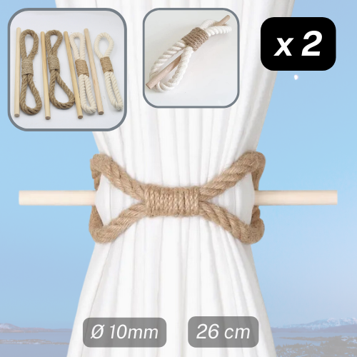 1 pair (2 pieces - suitable for 1 or 2 window(s)) Natural Looking Fancy Tie Back (with Cord Part and a Wooden Stick) - ACCESSOIRES LEDUC BV