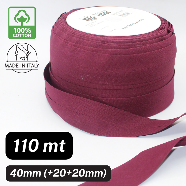Breites Schrägband, 40 mm (gefaltet + 20 mm + 20 mm), 100 % Baumwolle, 110 Meter, hergestellt in Italien