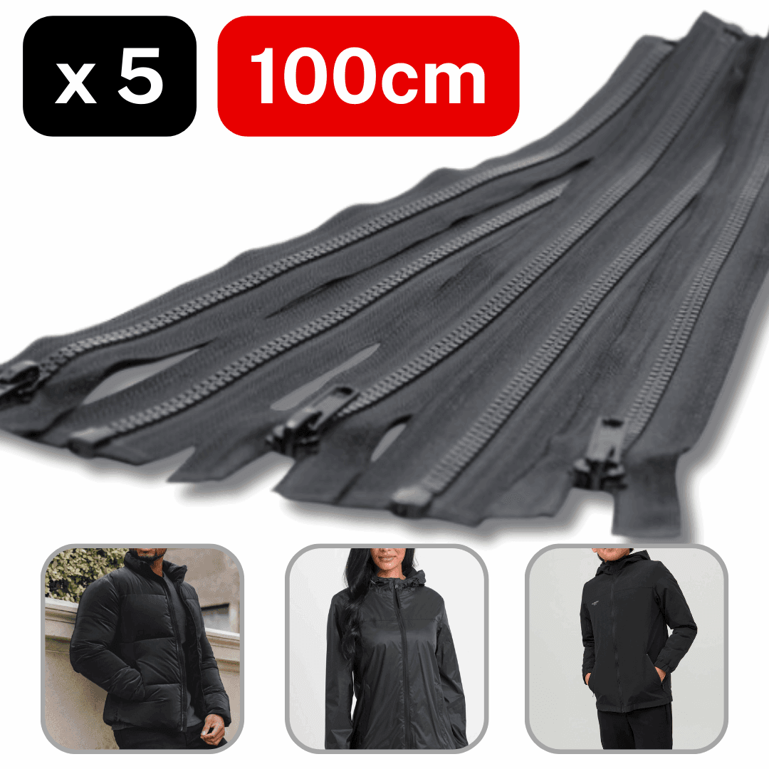 Set of 5 Black Open End Zippers for Jackets available in 50, 60, 90, 95 or 100cm - ACCESSOIRES LEDUC BV