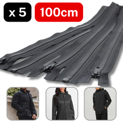 Set of 5 Black Open End Zippers for Jackets available in 50, 60, 90, 95 or 100cm