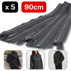 Set of 5 Black Open End Zippers for Jackets available in 50, 60, 90, 95 or 100cm