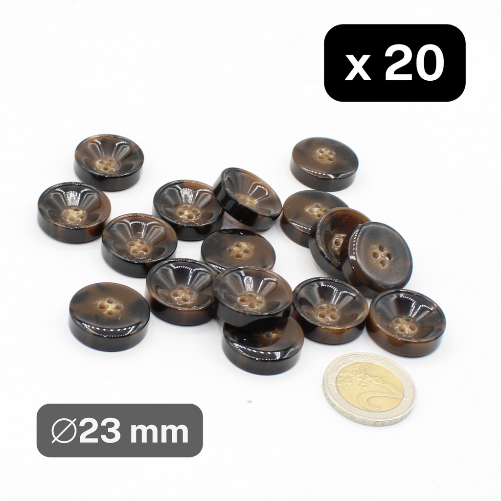 20 boutons en polyester marron épais, 4 trous, taille 23mm, #KP4500436