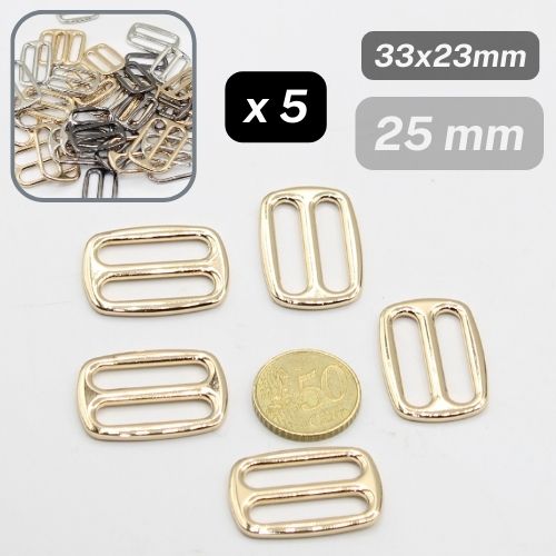 5 boucles métalliques (taille 25 mm, 30 mm ou 40 mm), forme rectangulaire, avec coins ronds #VSM2602, disponibles en couleurs argent, bronze ou or clair