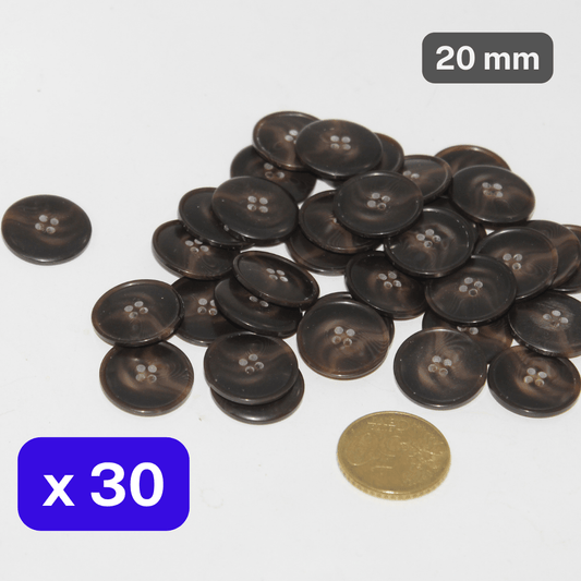 30 Pieces Shiny Brown Polyester Buttons 4 Holes Size 20mm #KP4501732 - ACCESSOIRES LEDUC BV