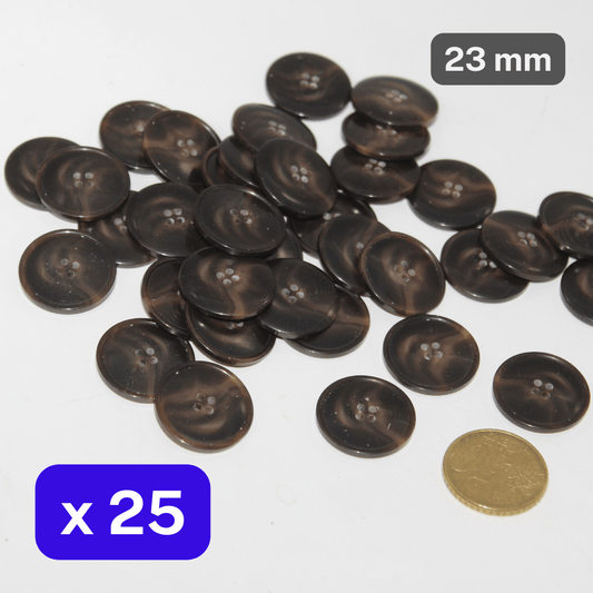 25 Pieces Shiny Brown Polyester Buttons 4 Holes Size 23mm #KP4501736 - ACCESSOIRES LEDUC BV