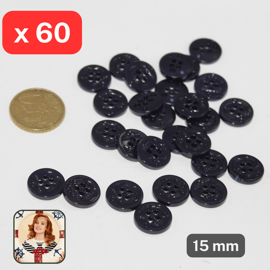 60 Pieces Shiny Black Nylon Buttons with Anchor 4 Holes Size 15mm #KN4500124 - ACCESSOIRES LEDUC BV