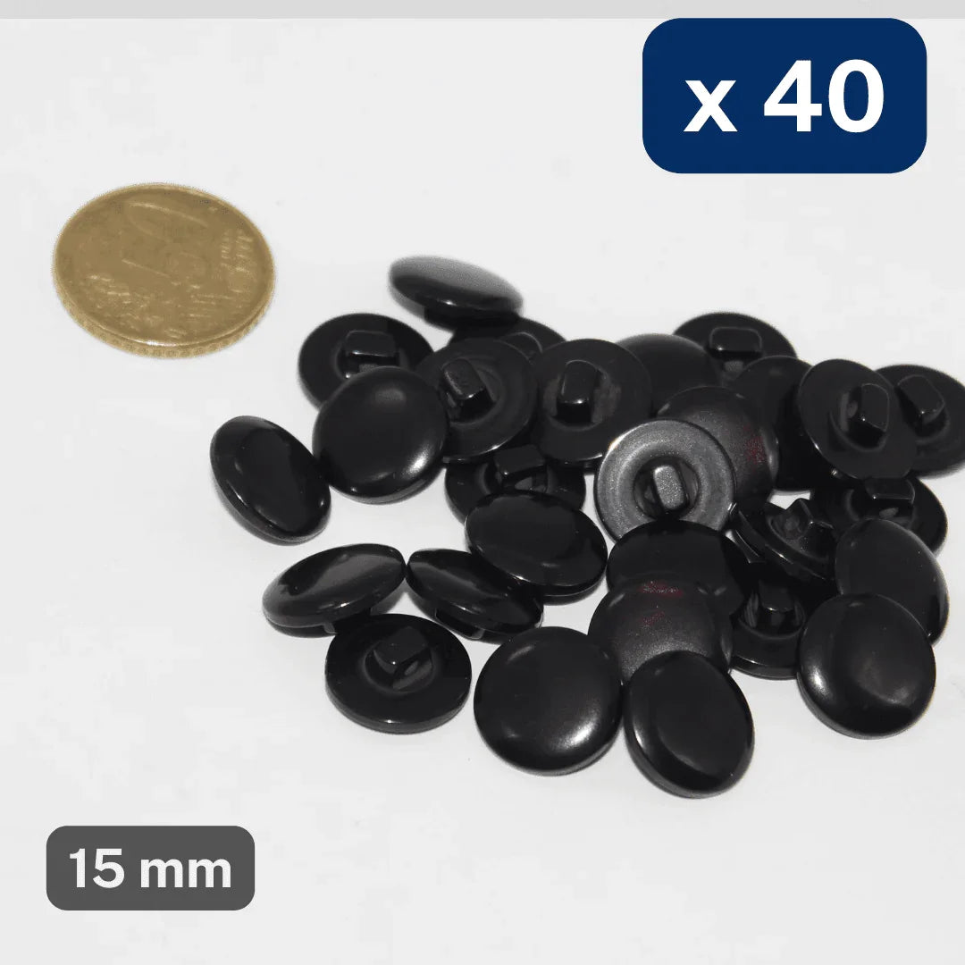 40 Pieces Shiny Polyester Black Shank Buttons size 15mm #KPQ500224 - ACCESSOIRES LEDUC BV