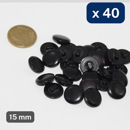 40 Pieces Shiny Polyester Black Shank Buttons size 15mm #KPQ500224 - ACCESSOIRES LEDUC BV
