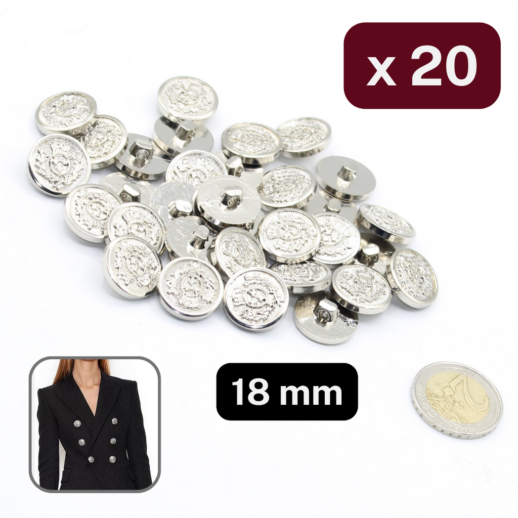 20 boutons militaires métallisés en nylon argenté, taille 18 mm, # KMQ500228