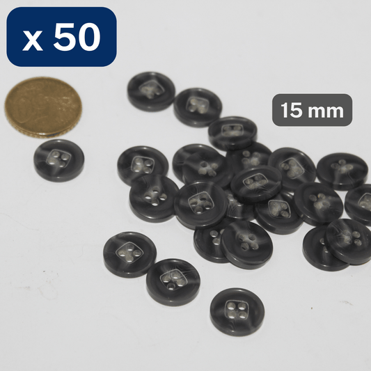 50 Pieces Shiny Dark Grey Polyester Buttons 4 Holes Size 15mm #KP4501424 - ACCESSOIRES LEDUC BV