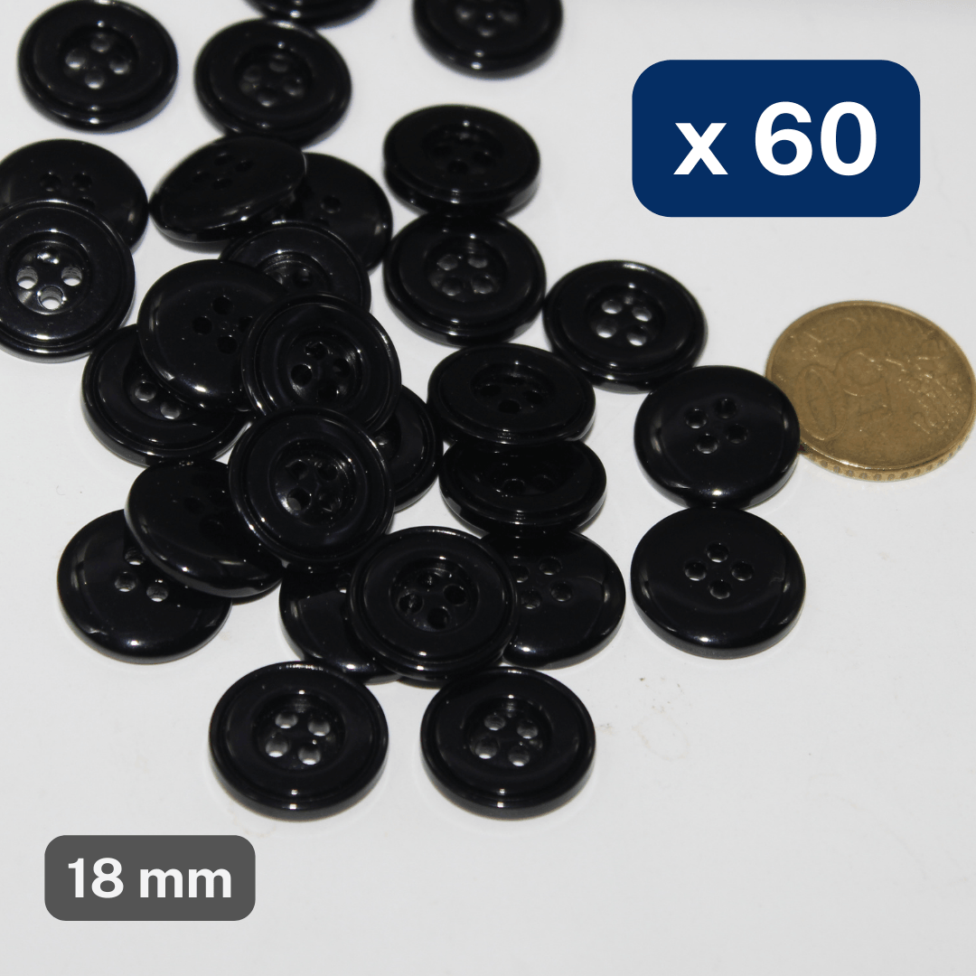 60 Pieces Black Galalite Buttons 4 Holes size 18MM #KG4500028 - ACCESSOIRES LEDUC BV