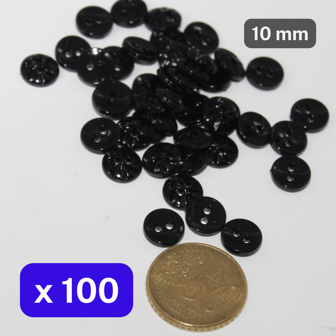 100 Pieces Black Nylon Buttons 2 Holes Size 10MM #KN2500016 - ACCESSOIRES LEDUC BV